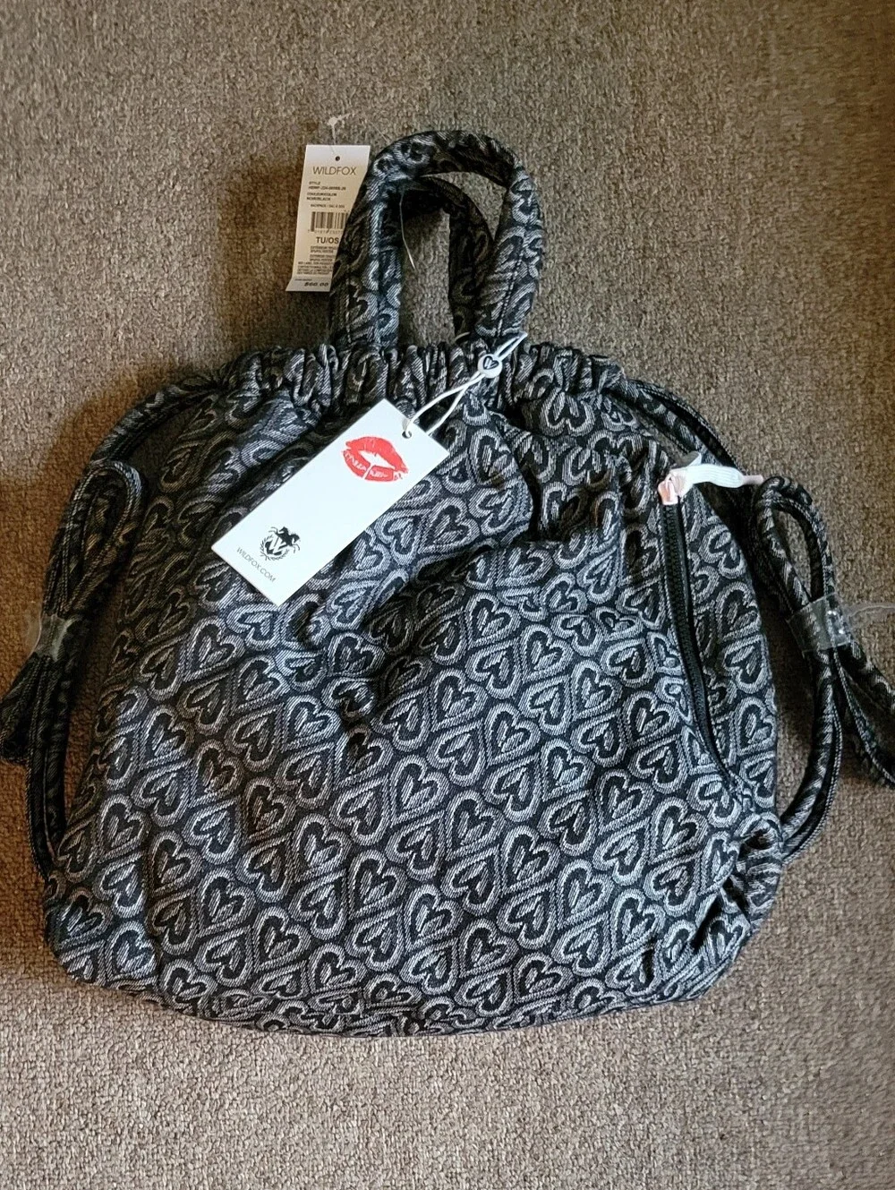 NWT Wildfox Black & Gray Heart Print Drawstring Backpack